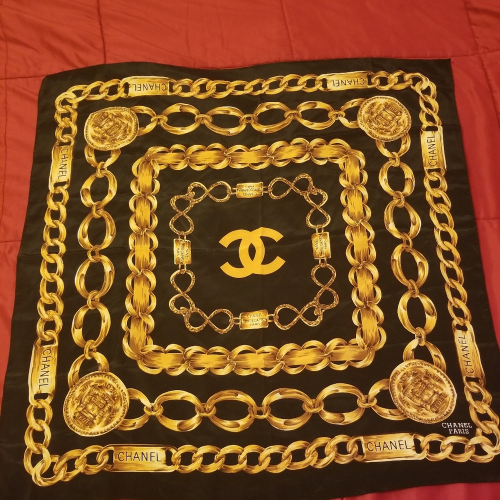 CHANEL Gold Chain on Black Silk Scarf 34x35"
